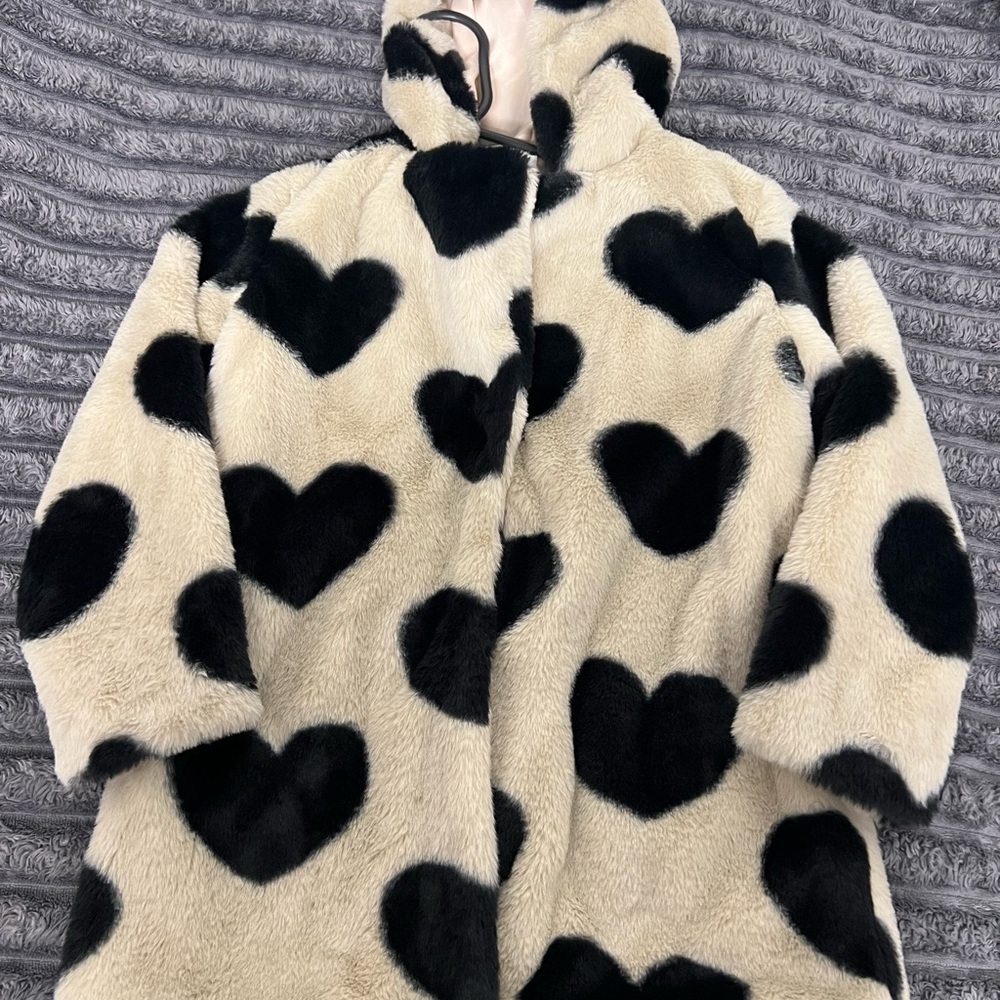 Kids Heart Patterned Faux Fur Peacoat